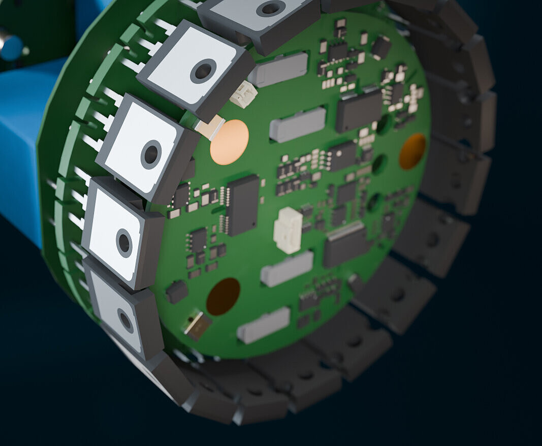 Detail eines elektrischen Aero-Antriebsinverters von Silver Atena mit SiC-Leistungselektronik für eVTOL.