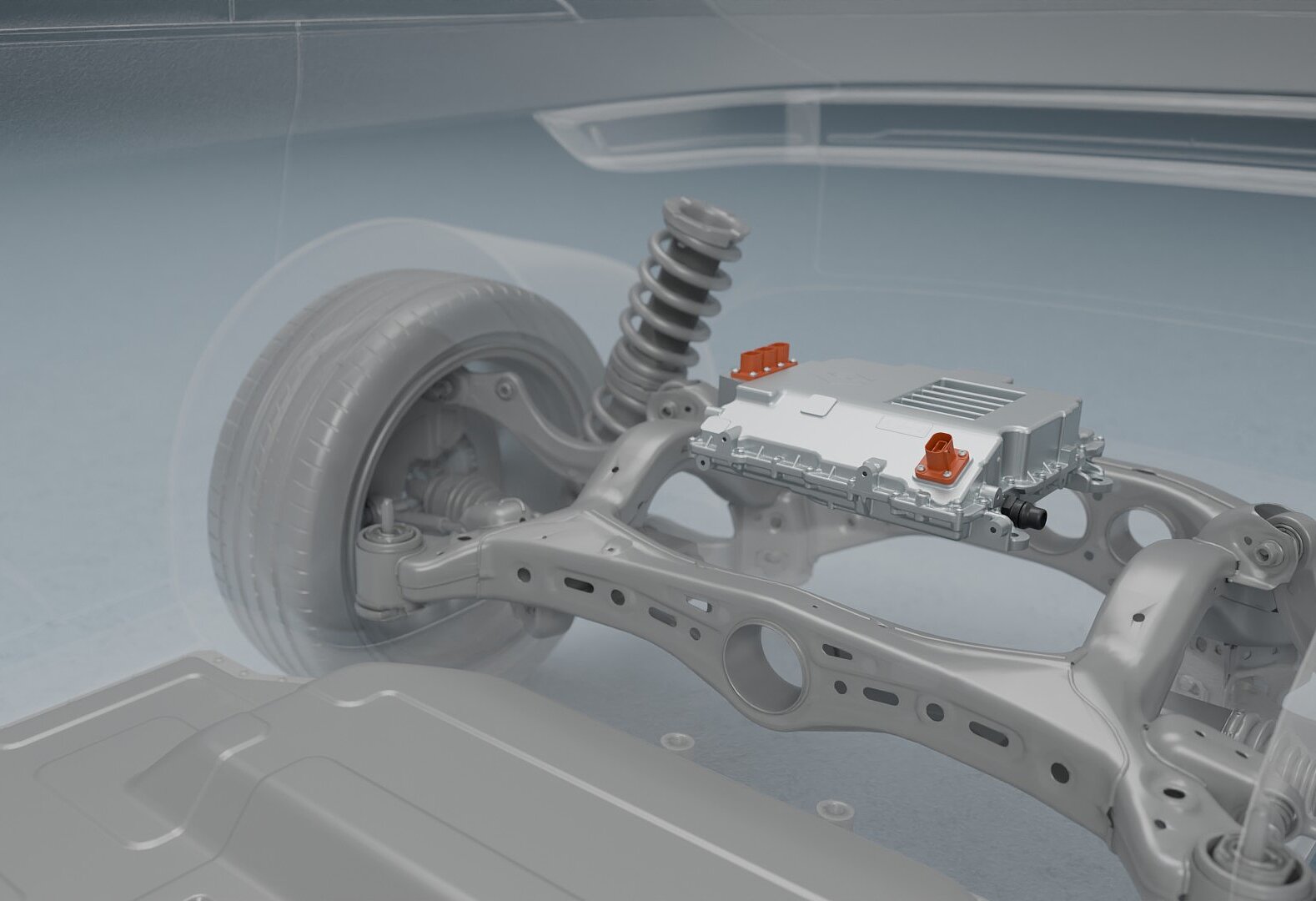 Hochvolt-Traktionsinverter an der Achse innerhalb eines transparent dargestellten Fahrzeugs.
