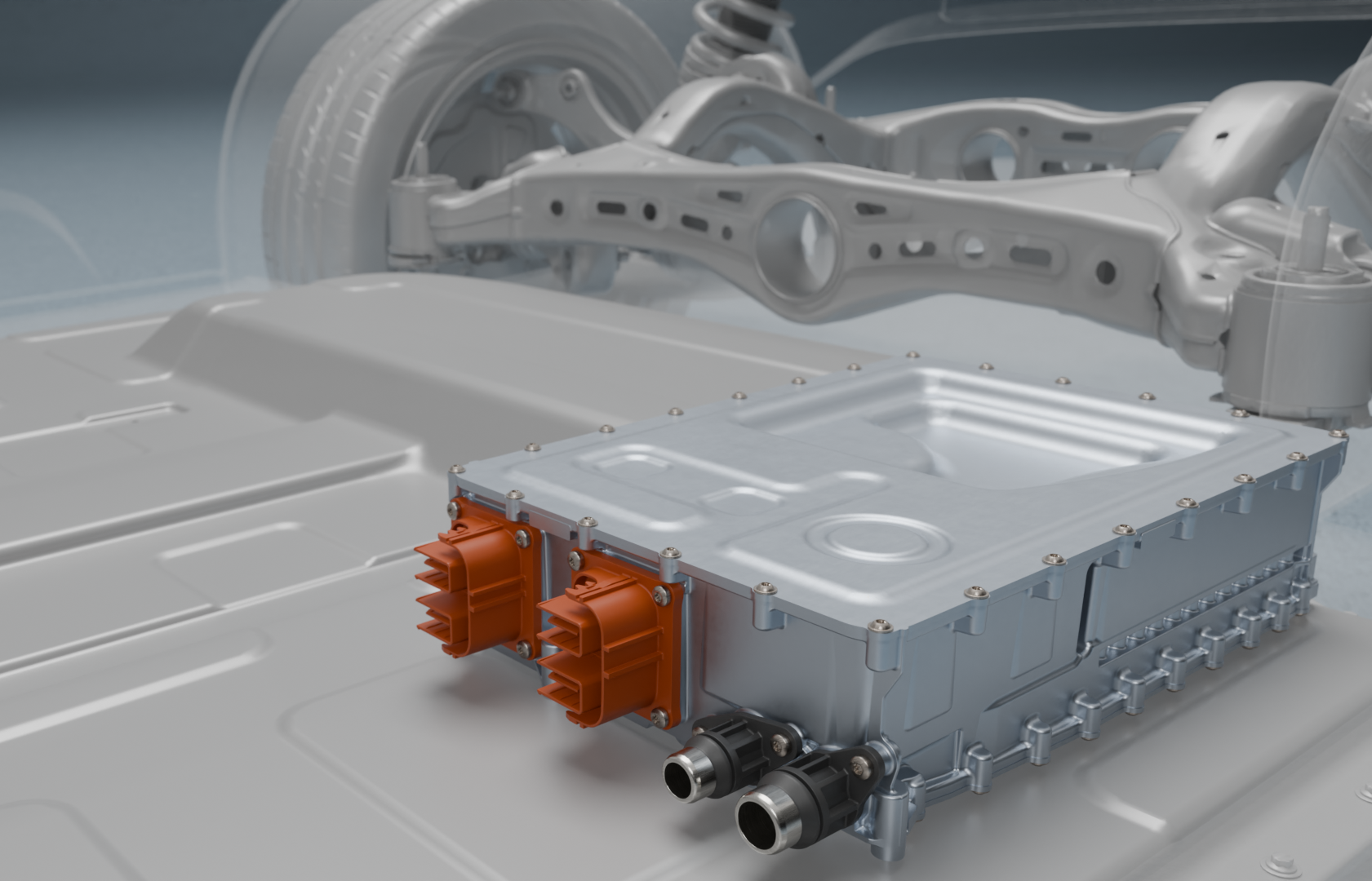 Hochvolt-DCDC-Wandler im Fahrzeugunterboden nahe der Batterieeinheit integriert.