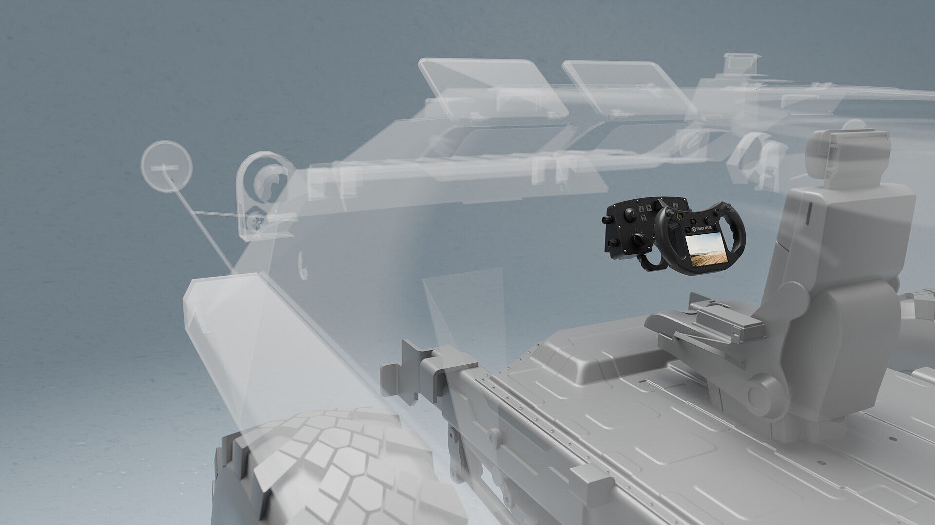 Zentrale Bedieneinheit von Silver Atena im militärischen Fahrzeugcockpit mit integriertem Steuer- und Anzeigeinterface.
