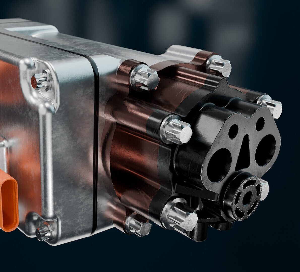 Detail einer Motor-Pumpen-Einheit von Silver Atena für aktive Fahrwerksysteme.