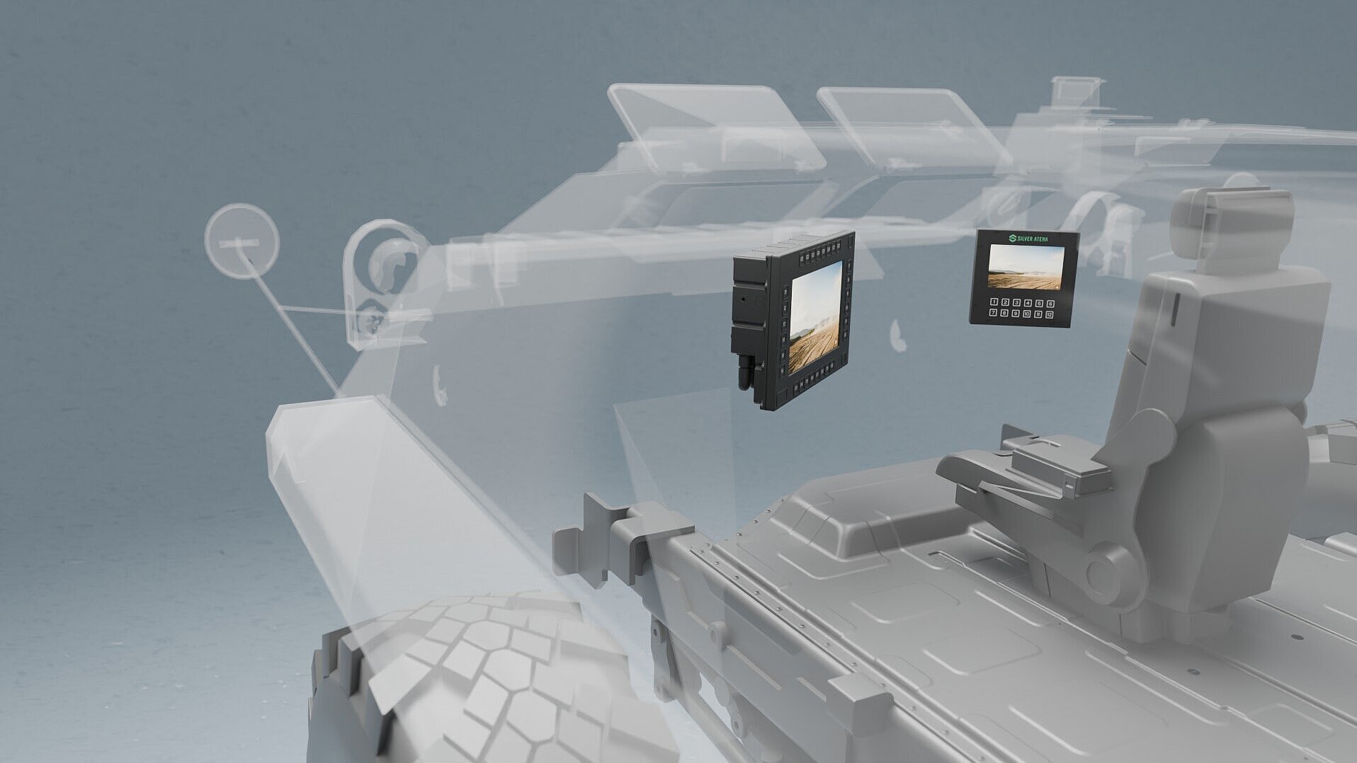 Robustes 7- und 12-Zoll-Fahrzeugdisplay von Silver Atena, integriert in ein militärisches Einsatzfahrzeug.