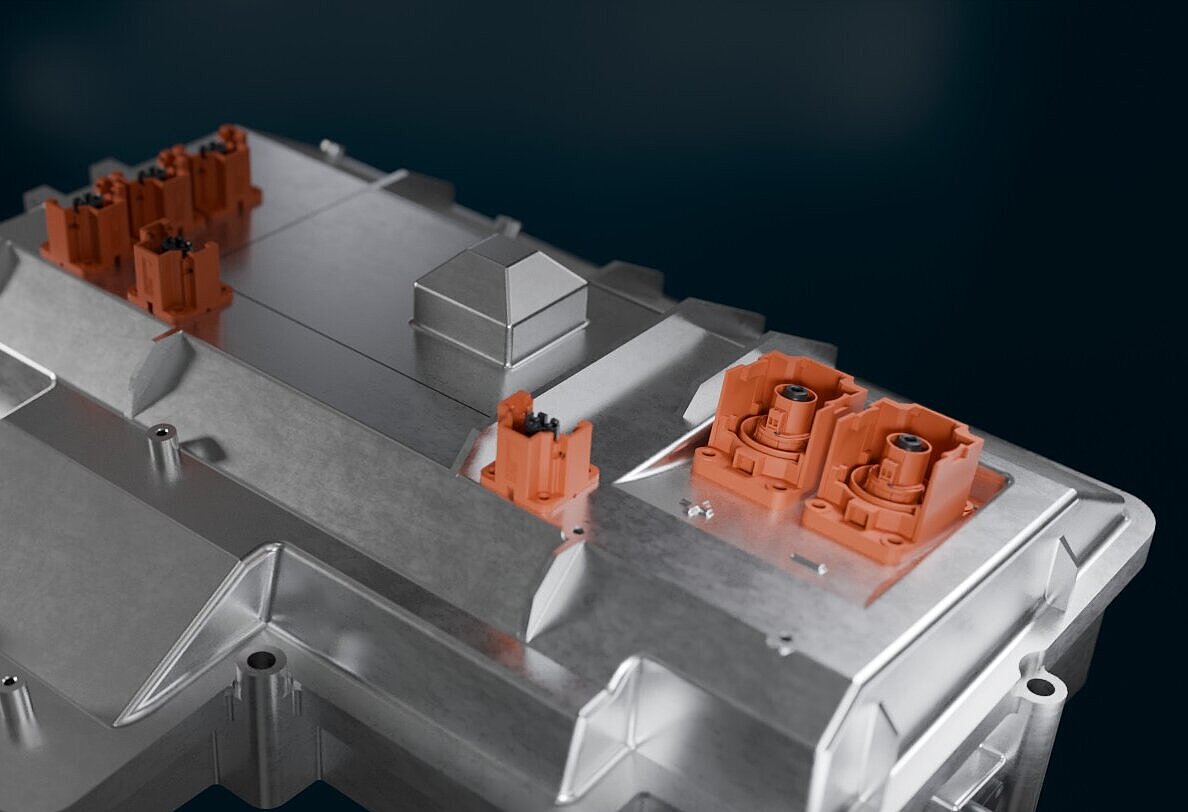 Detailansicht des Hochvolt-DC/DC-Wandlers von Silver Atena für Brennstoffzellenfahrzeuge.