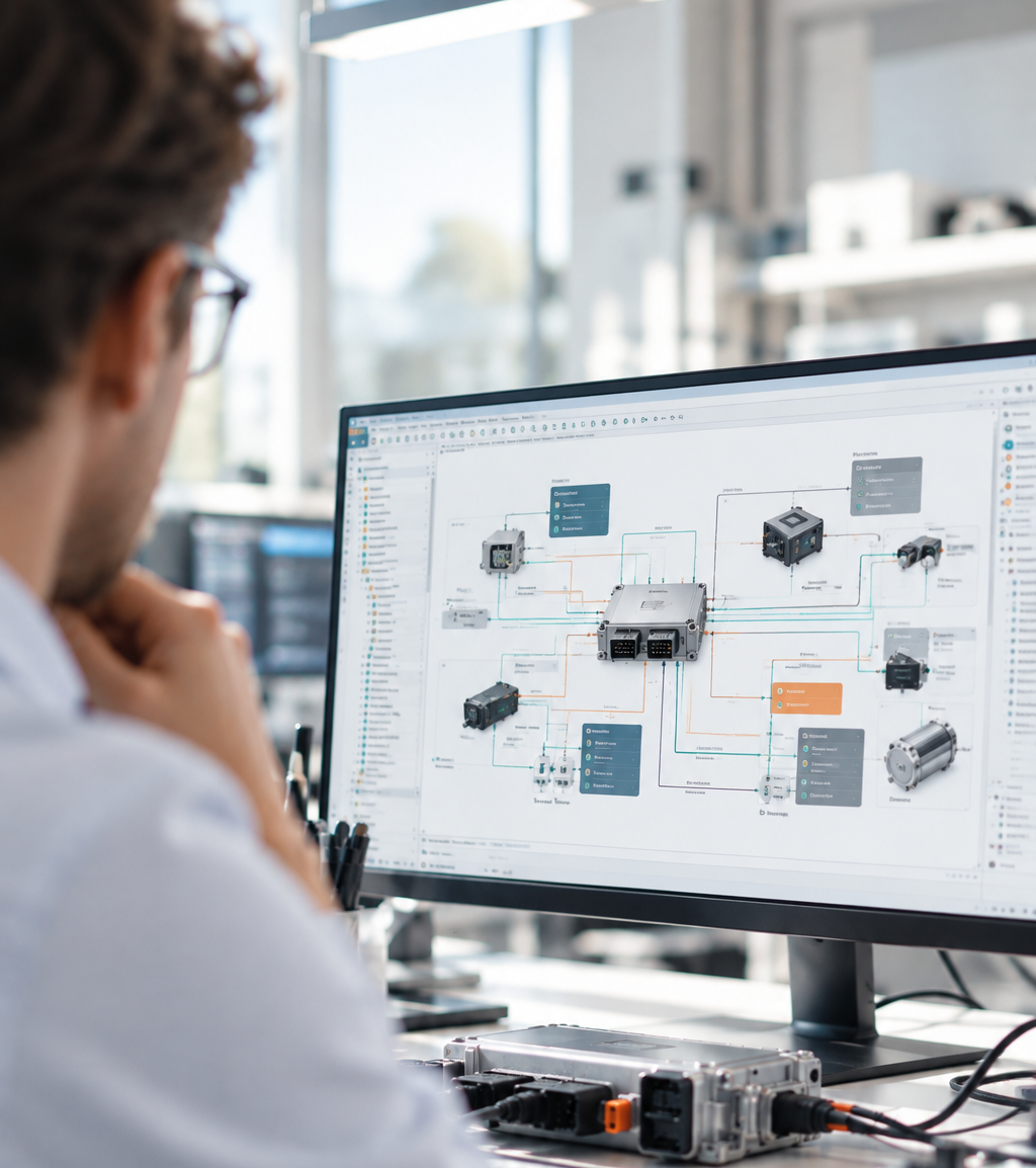 Ingenieur von Silver Atena analysiert die Vernetzung elektronischer Steuergeräte, Sensoren und Aktuatoren anhand eines Systemarchitektur-Diagramms.