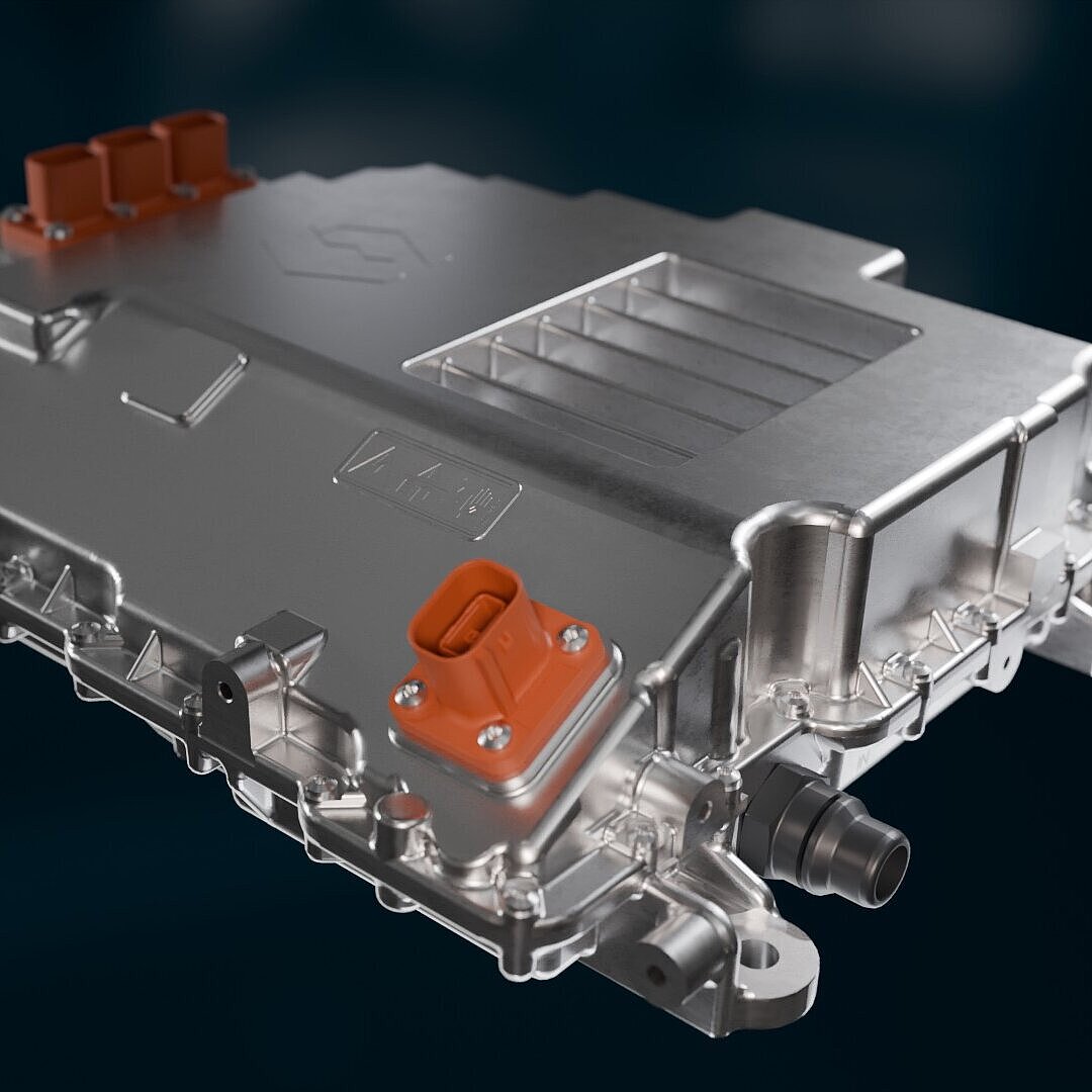 Detailansicht des Hochvolt-Traktionsinverters von Silver Atena für elektrische Antriebe.
