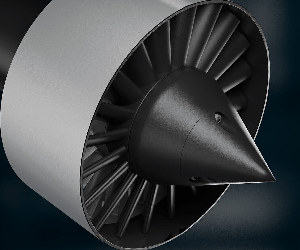 Detail eines elektrischen Flugzeugantriebs von Silver Atena mit Hochleistungs-Fan für eVTOL und Luftfahrt.