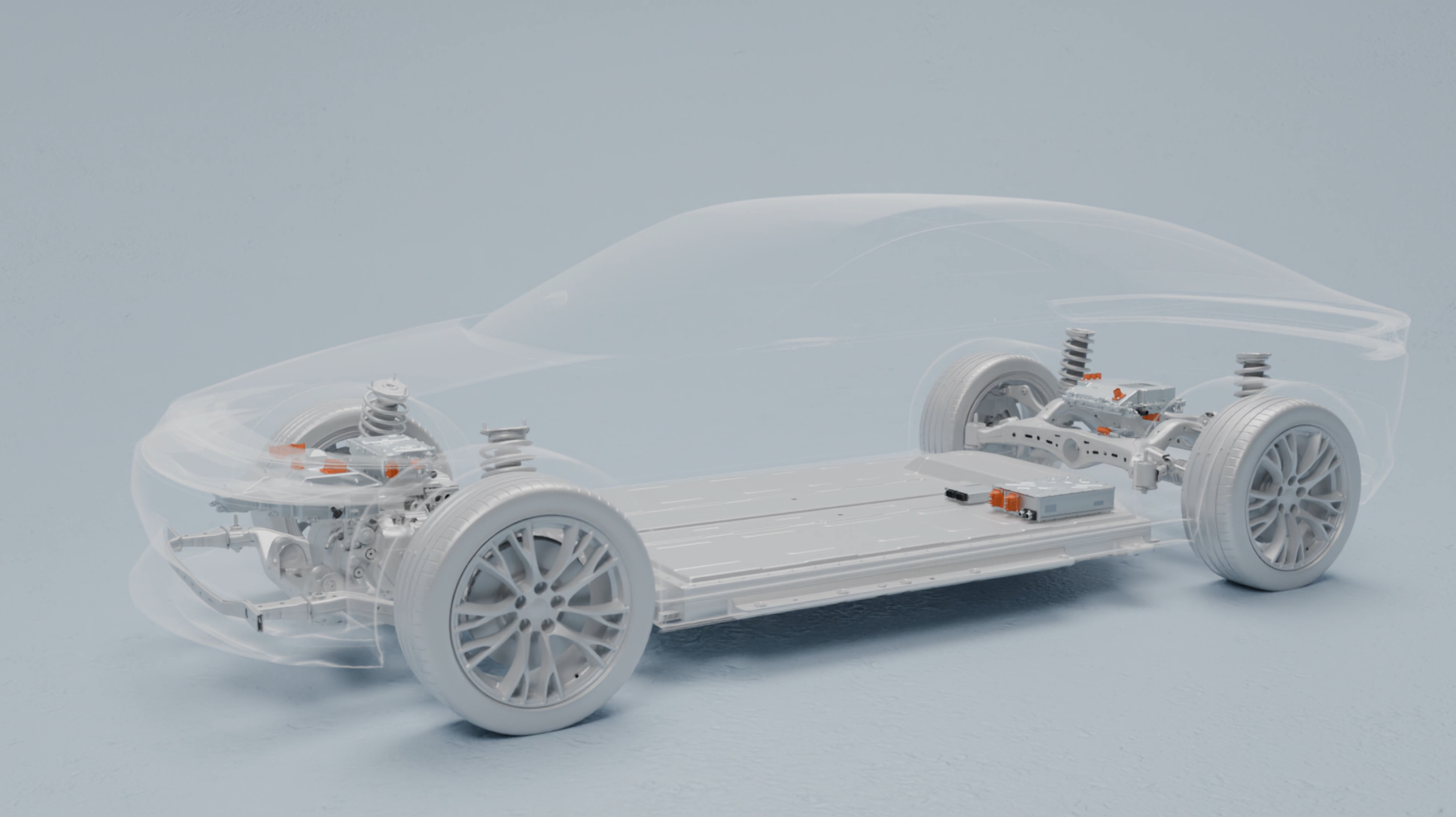 Transparentes Fahrzeug mit sichtbarem elektrischen Antriebsstrang und Batterie im Unterboden.