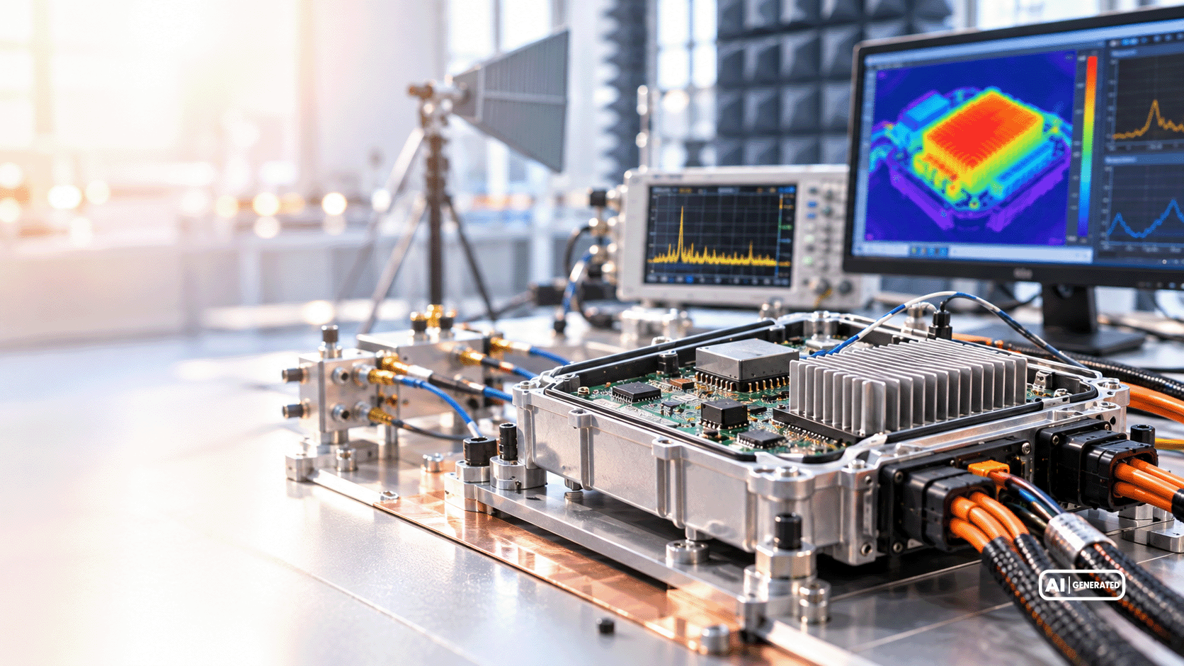 Geöffnetes elektronisches Steuergerät mit Leiterplatte und Kühlkörper am EMV-Prüfstand mit Antenne und Messgeräten zur Signalanalyse.