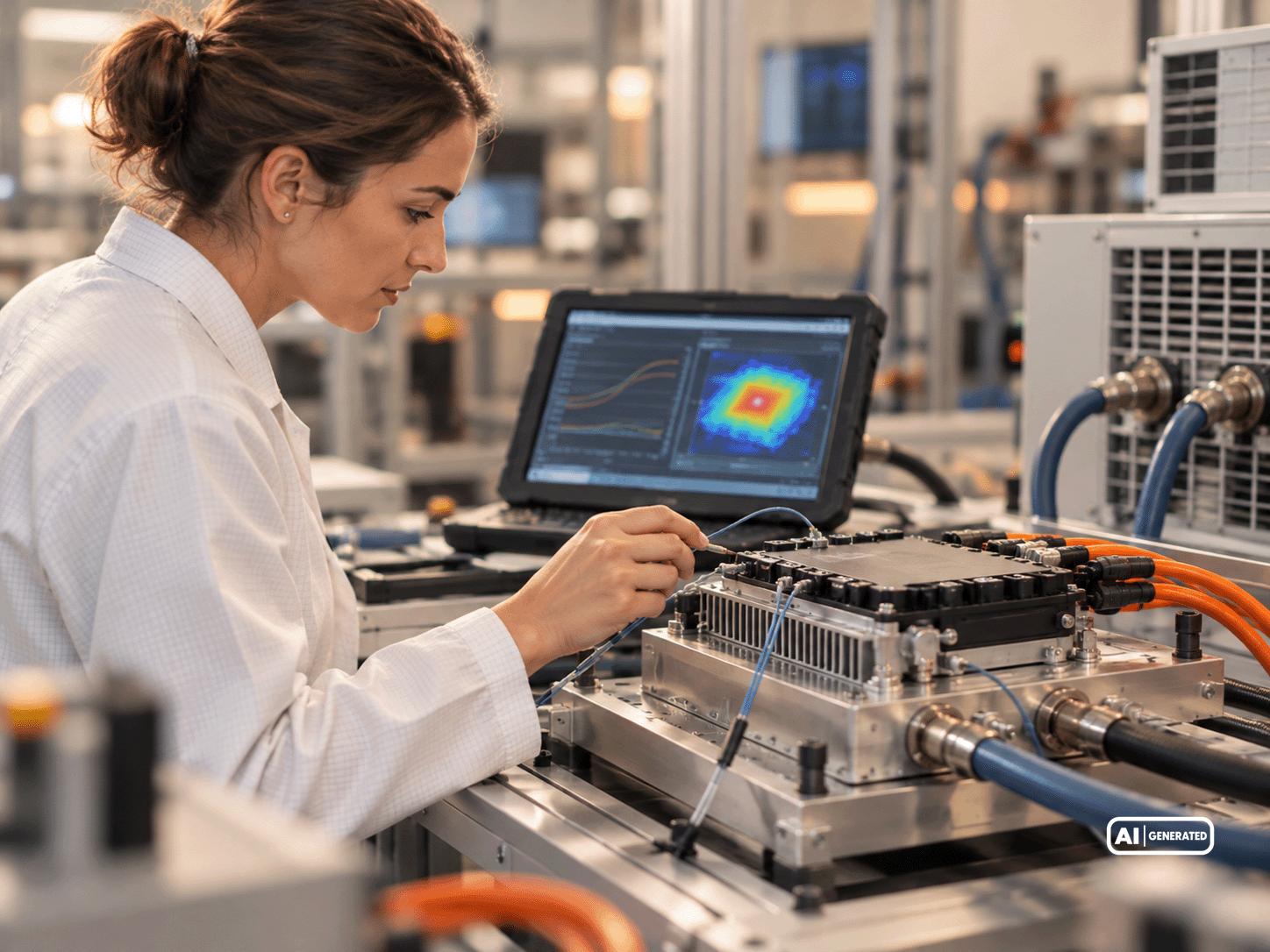 Ingenieurin prüft ein elektronisches Steuergerät mit Messsonden an einem Laborprüfstand zur Analyse des thermischen Verhaltens