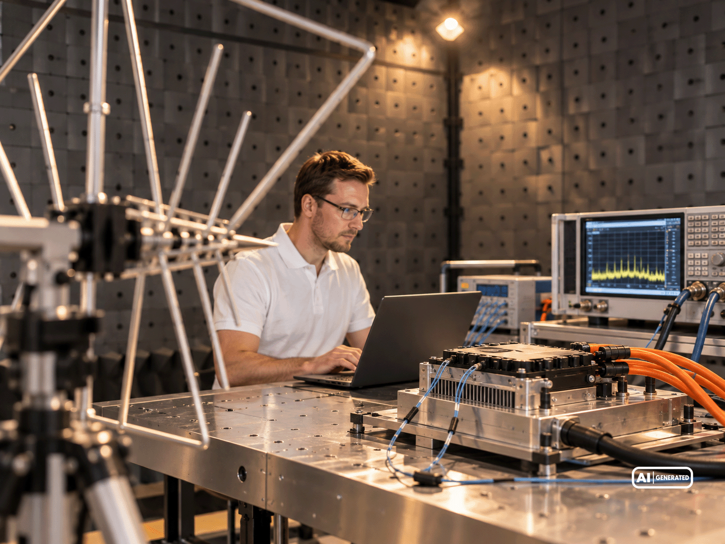 Ingenieur analysiert Messdaten an einem Laptop in einer EMV-Prüfkammer mit Antenne, Steuergerät und Spektrumanalysator