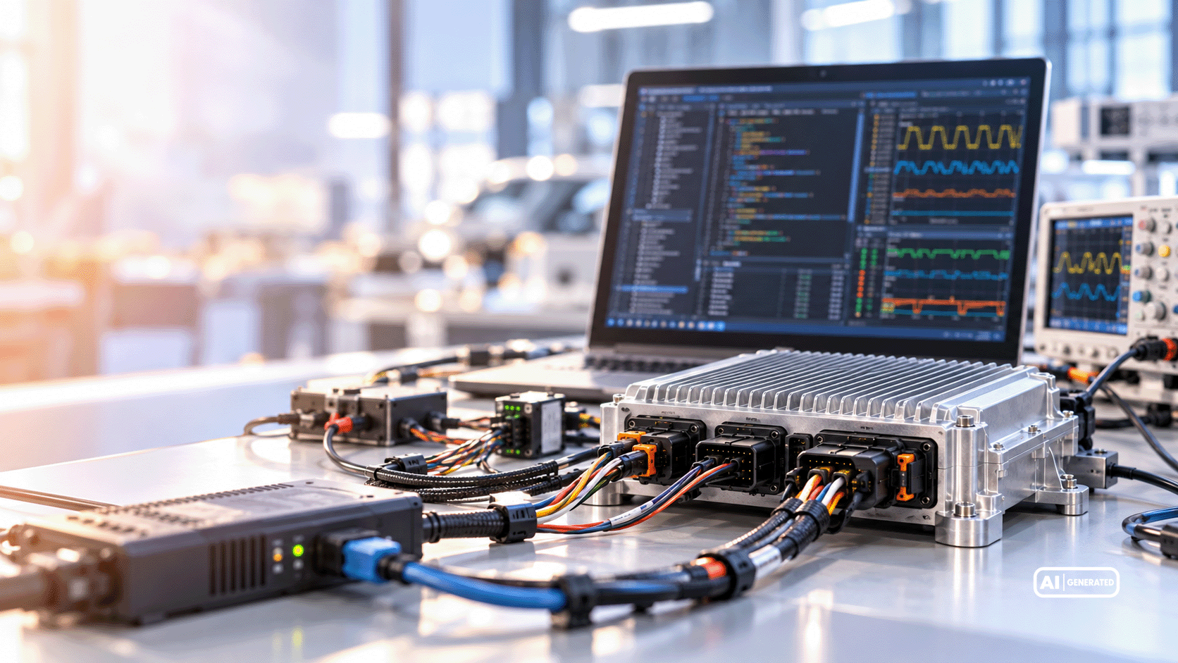 Elektronisches Steuergerät mit Kühlrippen und Kabelanschlüssen an einem Laborprüfstand mit Laptop und Oszilloskop zur Signalanalyse