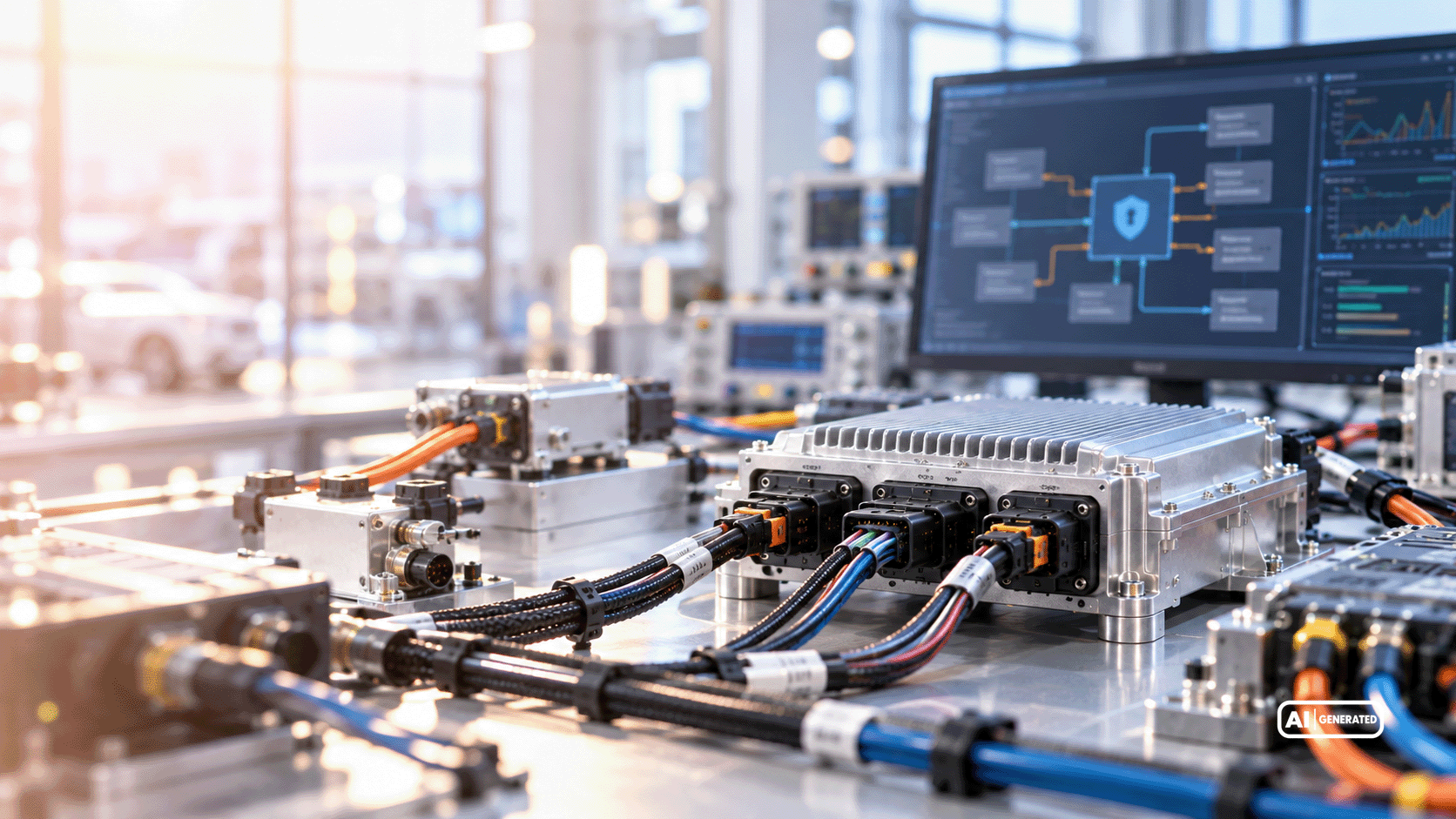 Elektronisches Steuergerät mit Kühlrippen und Kabelanschlüssen an einem Laborprüfstand mit grafischer Darstellung einer Sicherheitsarchitektur