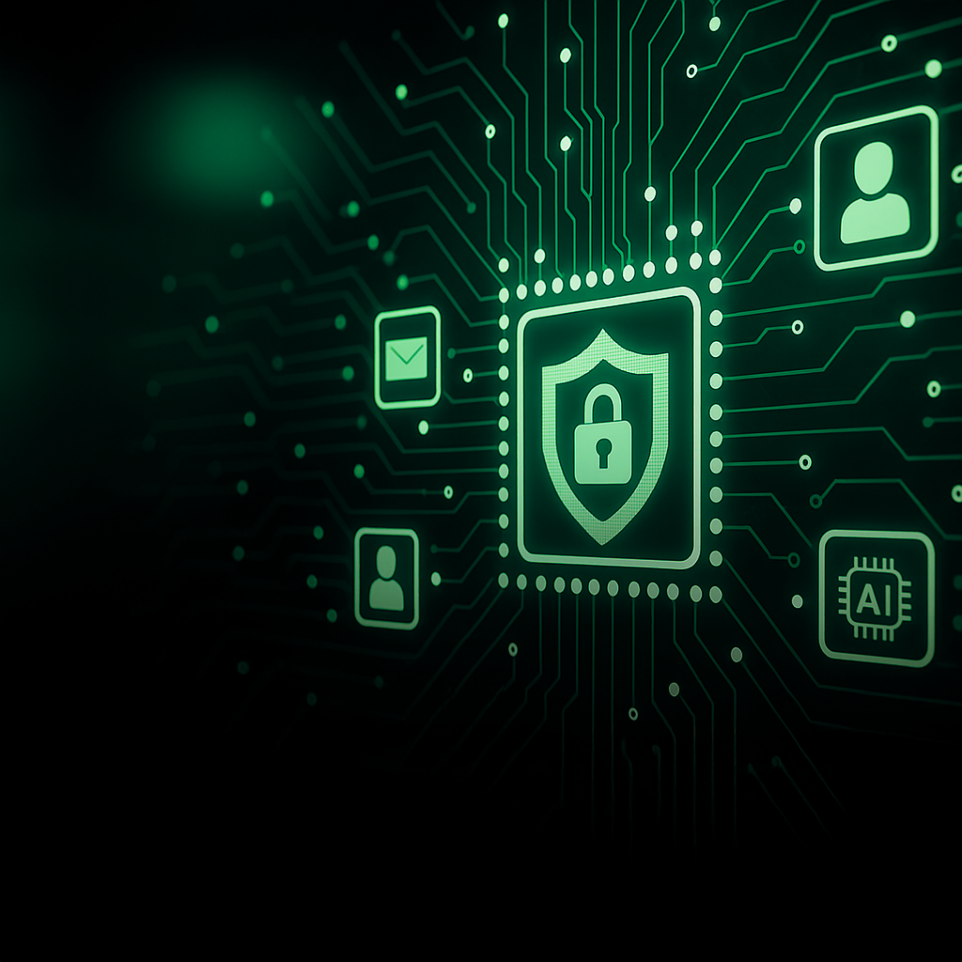 Illustration zur Cybersecurity mit einem geschützten Mikrochip, vernetzten Leiterbahnen und Symbolen für Datensicherheit und KI