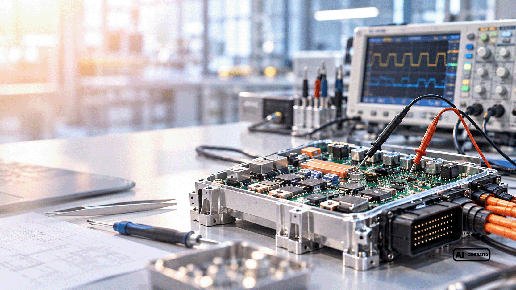 Geöffnetes elektronisches Steuergerät mit bestückter Leiterplatte, Messsonden und angeschlossenem Oszilloskop zur Analyse elektrischer Signale.