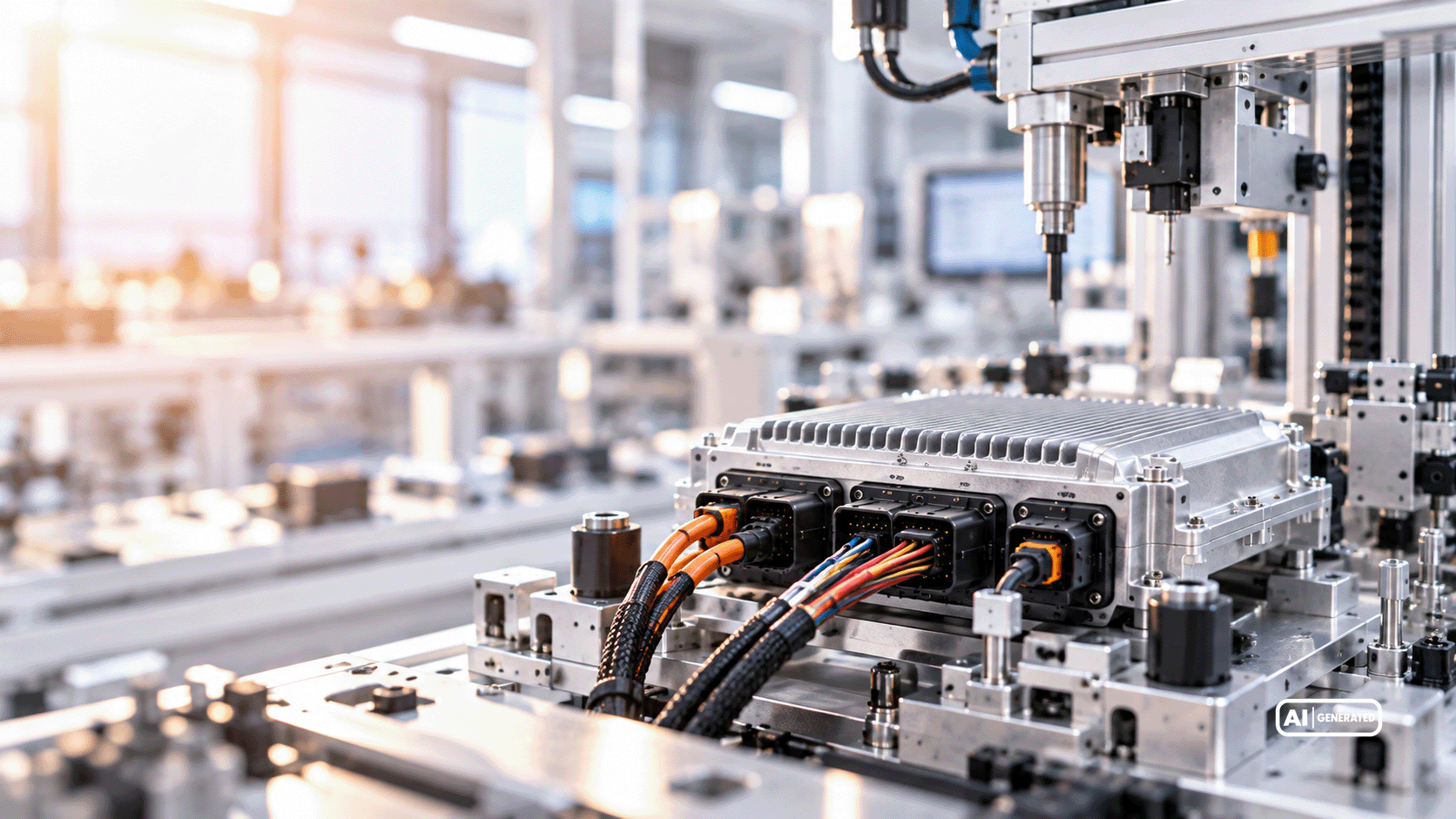 Elektronisches Steuergerät mit Aluminiumgehäuse, Kühlrippen und Kabelanschlüssen in einer automatisierten Prüf- und Montageanlage.