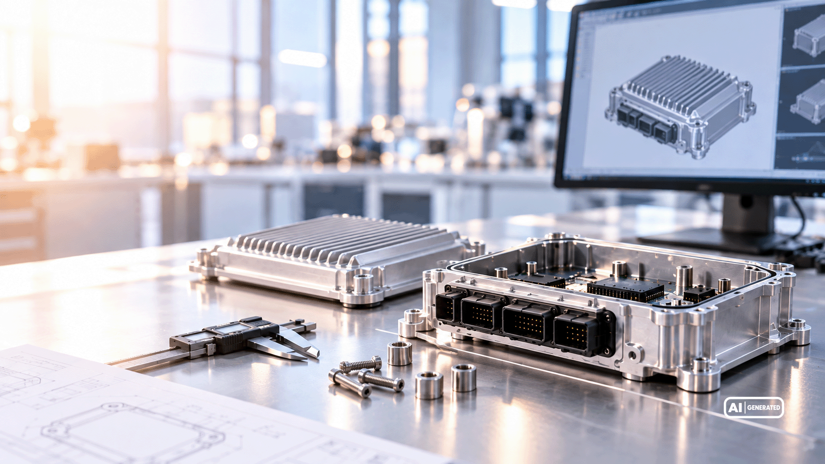 Geöffnetes Aluminiumgehäuse eines elektronischen Steuergeräts mit Steckverbindern, Kühlrippen und CAD-Konstruktion am Bildschirm.