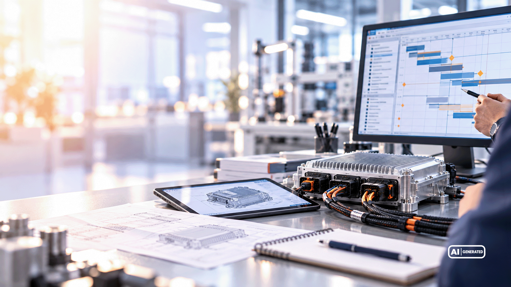 Elektronisches Steuergerät mit Kühlrippen und Kabelanschlüssen neben technischen Zeichnungen und einem digitalen Projektplan mit Meilensteinen.