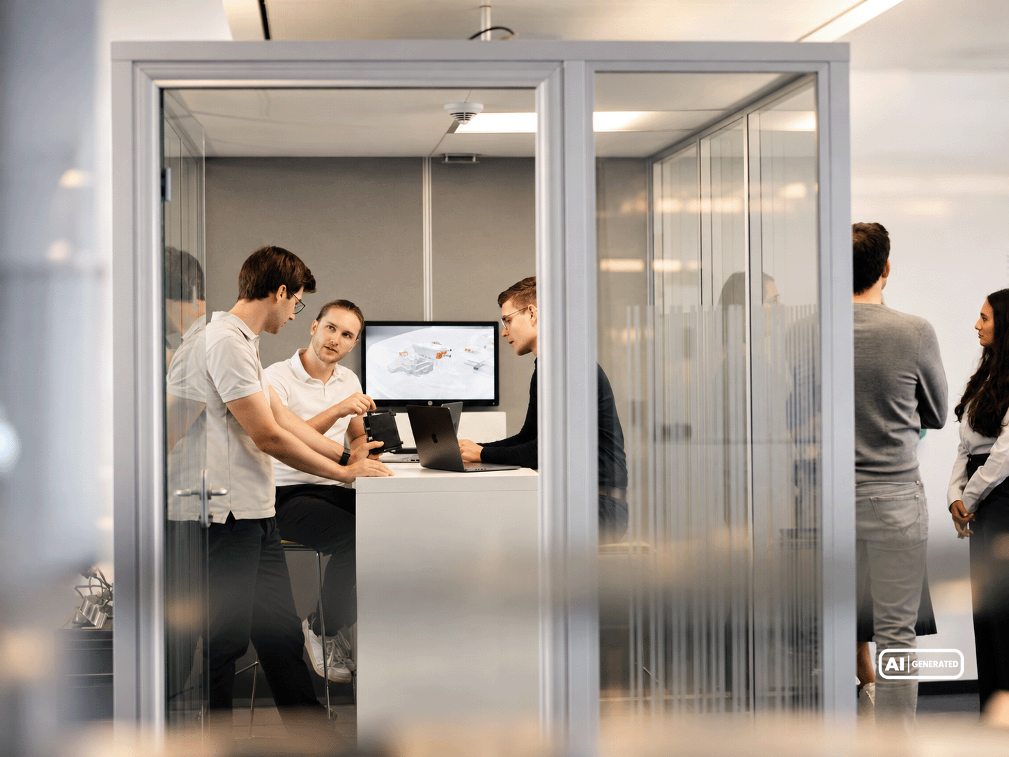 Drei Mitarbeitende von Silver Atena besprechen eine technische Baugruppe anhand eines CAD-Modells in einem Besprechungsraum.