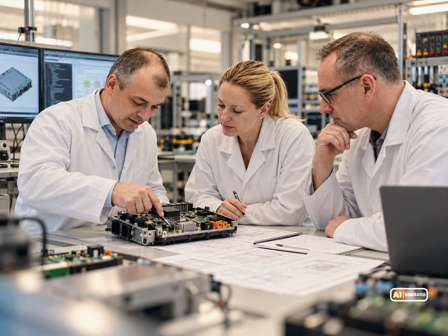 Drei Ingenieure analysieren eine geöffnete elektronische Steuergerätebaugruppe anhand technischer Zeichnungen im Entwicklungslabor.