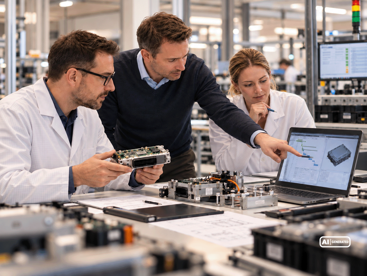 Drei Mitarbeitende von Silver Atena besprechen ein elektronisches Steuergerät und einen Projektplan am Laptop im Entwicklungslabor.