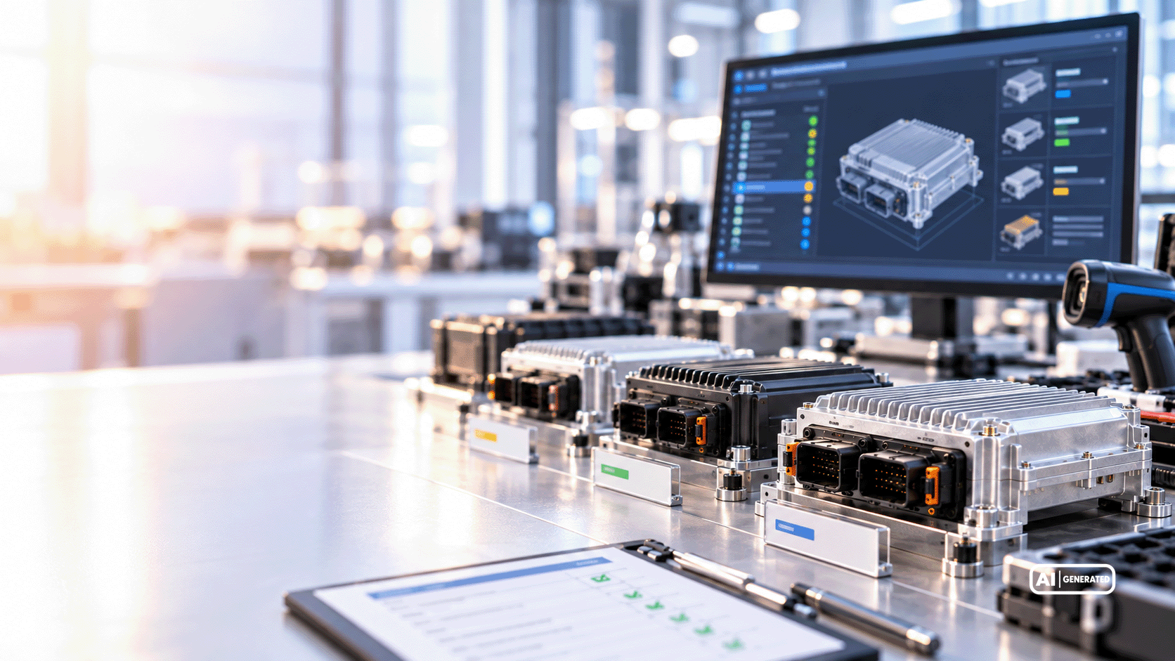 Elektronische Steuergeräte in verschiedenen Ausführungen mit Kühlrippen und Steckverbindern neben einem digitalen Prüfprotokoll zur Qualitätskontrolle.