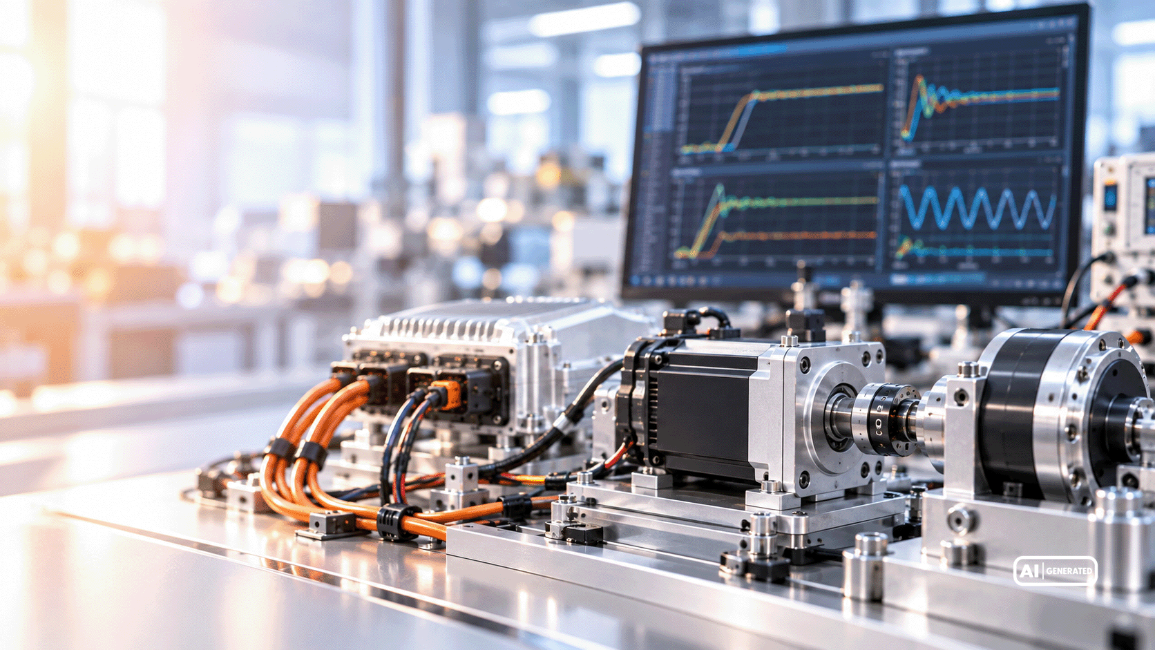 Elektronisches Steuergerät mit angeschlossenem Elektromotor auf einem Prüfstand mit grafischer Darstellung von Regelungs- und Signalverläufen.