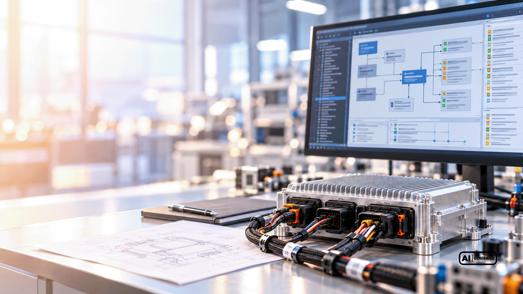 Elektronisches Steuergerät mit Kabelanschlüssen neben einer technischen Zeichnung und einem digitalen Anforderungsdiagramm zur Systementwicklung