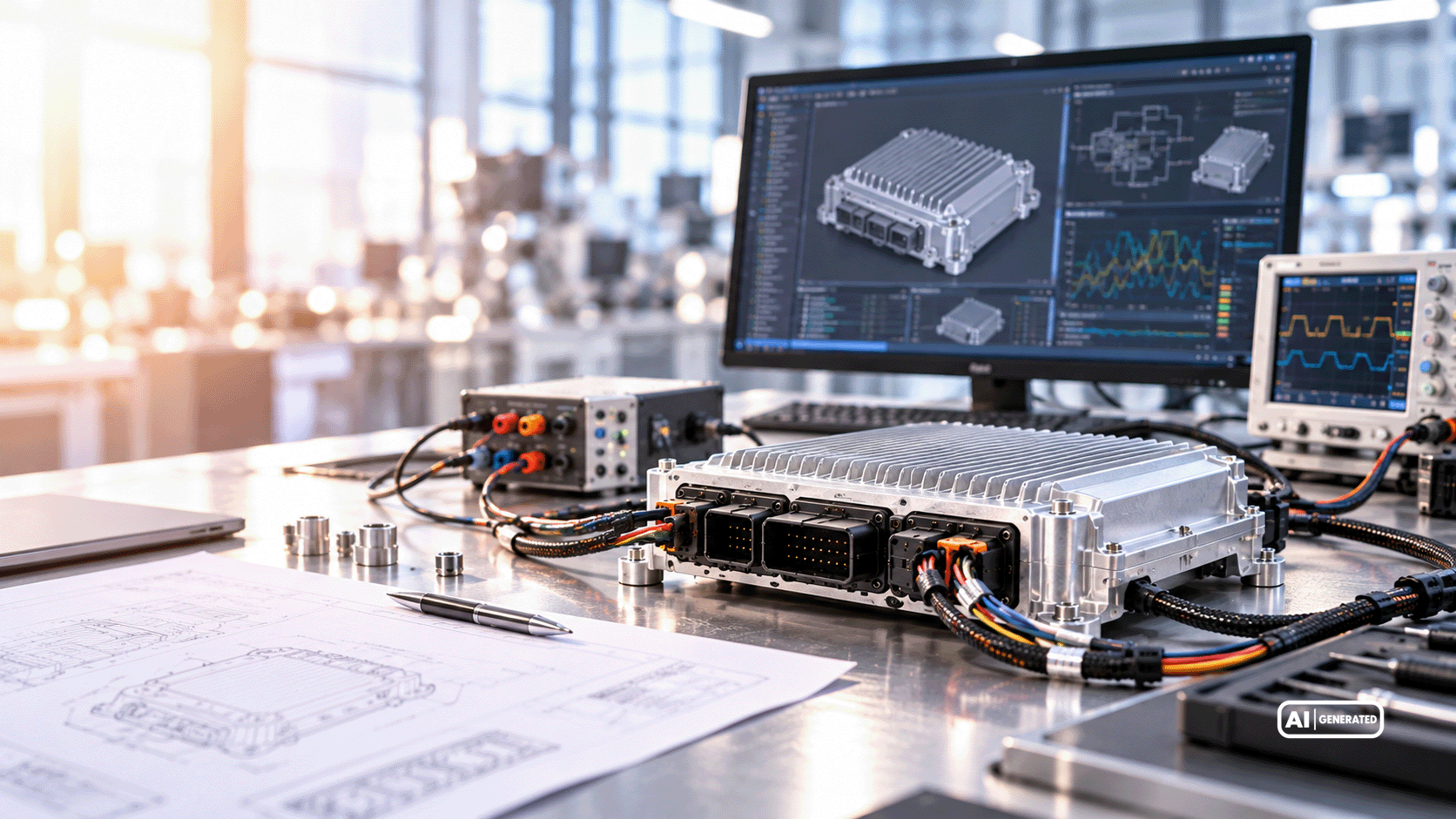 Elektronisches Steuergerät mit Aluminiumgehäuse, Kühlrippen und Kabelanschlüssen neben einer CAD-Konstruktion und elektrischen Messdiagrammen