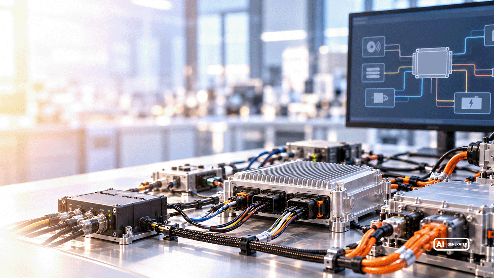 Elektronisches Steuergerät mit Kühlrippen und Kabelanschlüssen auf einem Laborprüfstand mit digitaler Darstellung der Systemarchitektur.