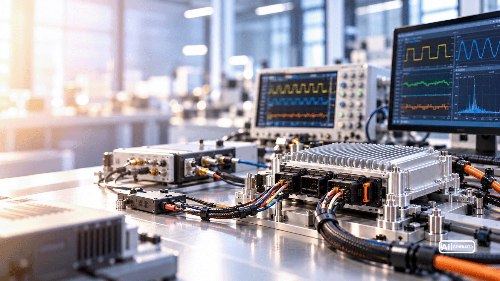 Elektronisches Steuergerät mit Kühlrippen und Kabelanschlüssen auf einem Prüfstand mit Oszilloskop und digitalen Signalverläufen zur Validierung.