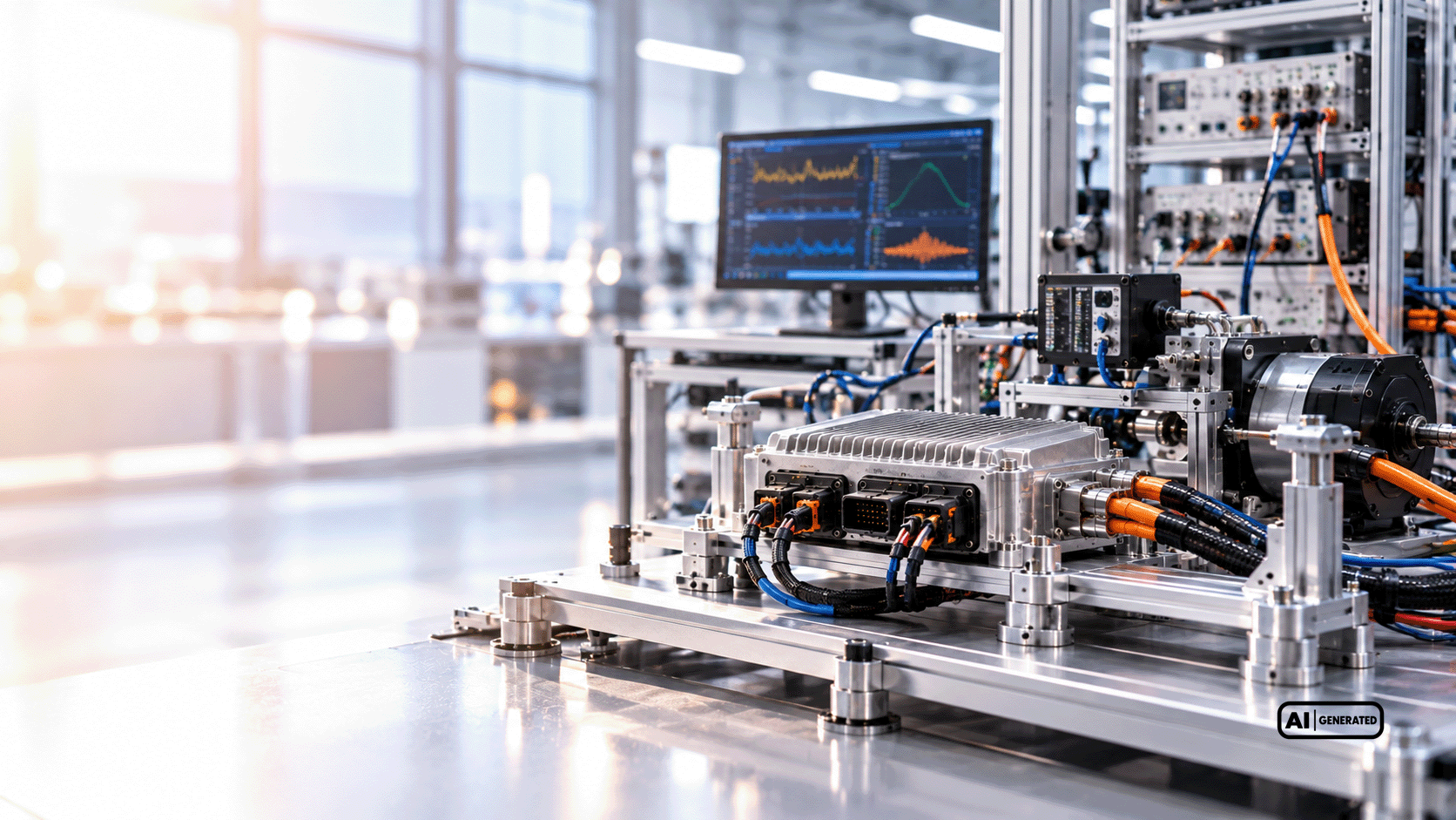 Elektronisches Steuergerät mit angeschlossenen Messleitungen auf einem modularen Prüfstand zur Funktionsprüfung und Validierung.