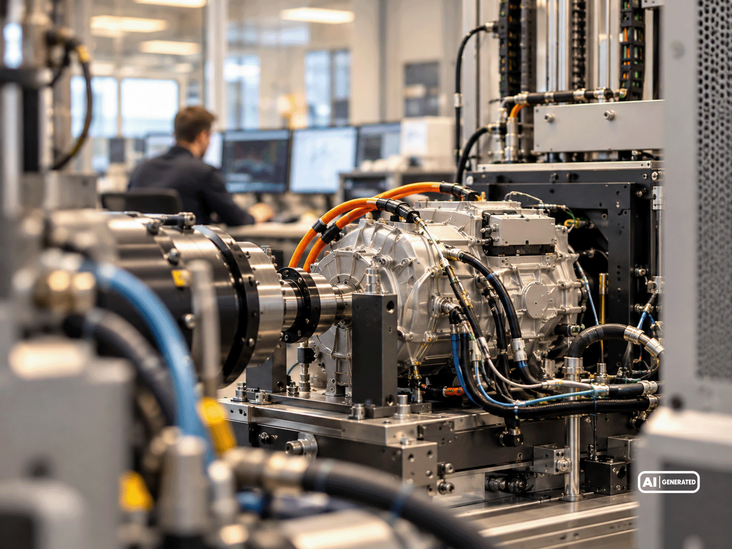 Elektrischer Antriebsprüfstand mit angeschlossener Leistungselektronik, mechanischer Kopplung und umfangreicher Messtechnik.