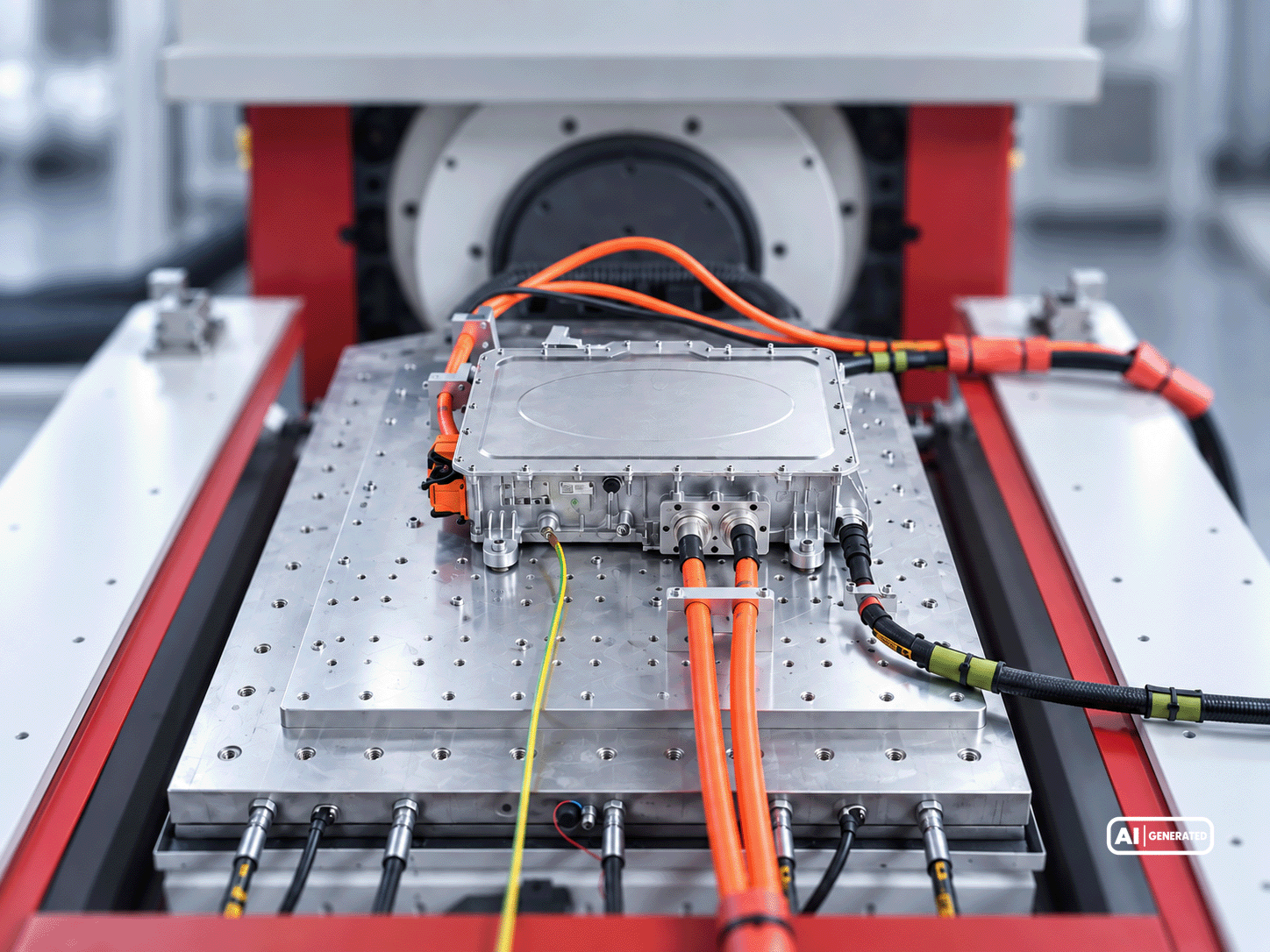 Elektronisches Steuergerät mit Hochvoltanschlüssen auf einem mechanischen Prüfstand zur Untersuchung der Belastbarkeit gegenüber Schwingungen und Erschütterungen.