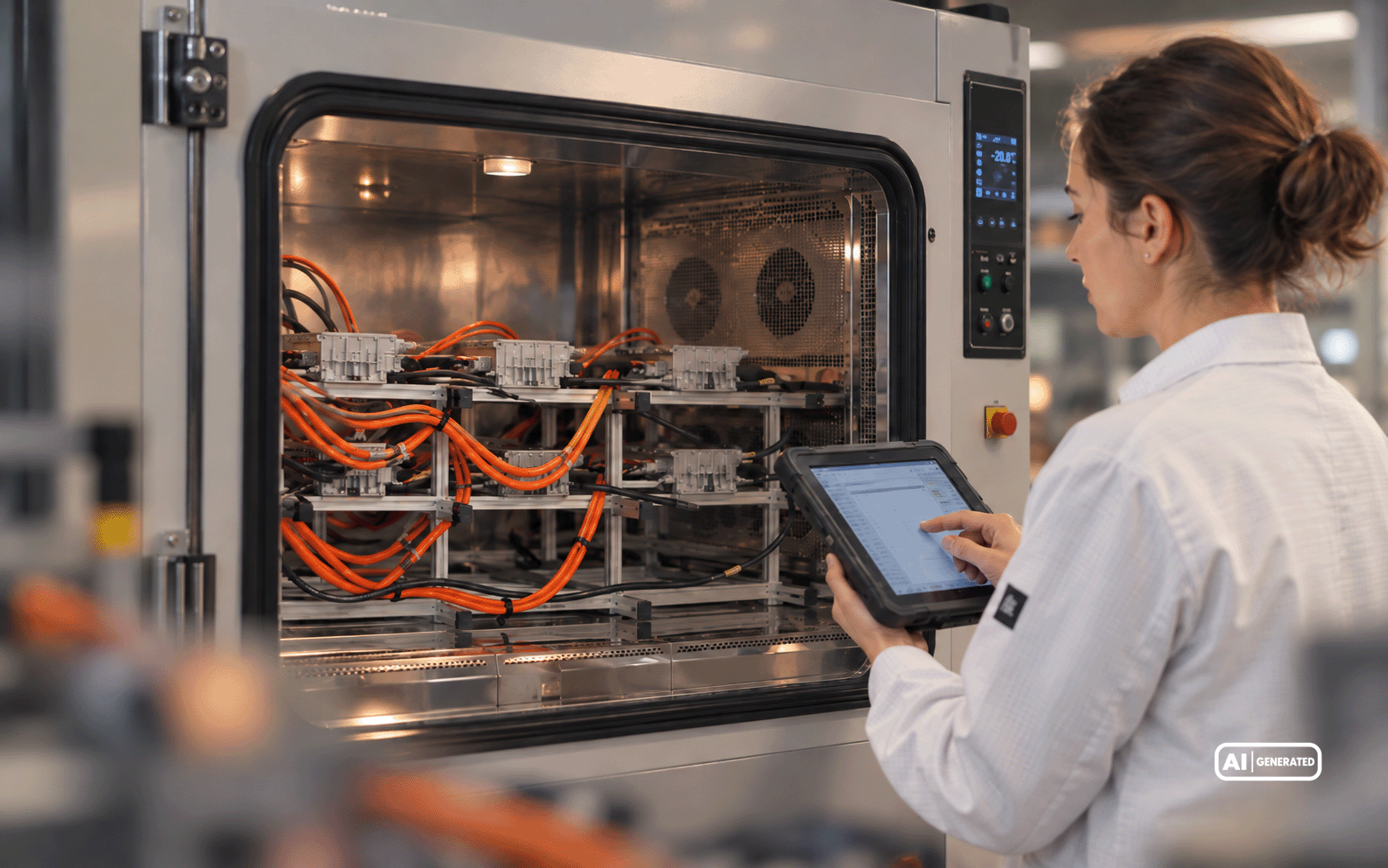 Mitarbeiterin überwacht über ein Tablet die Prüfung mehrerer elektronischer Baugruppen in einer Klimakammer.