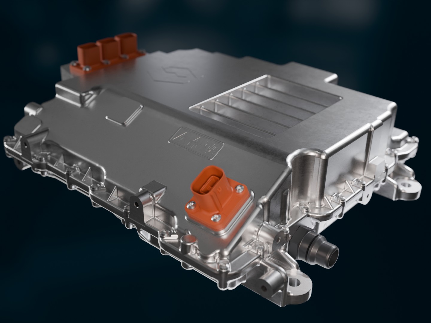 Metallgehäuse eines Hochvolt-Traktionsinverters mit elektrischen Anschlüssen.