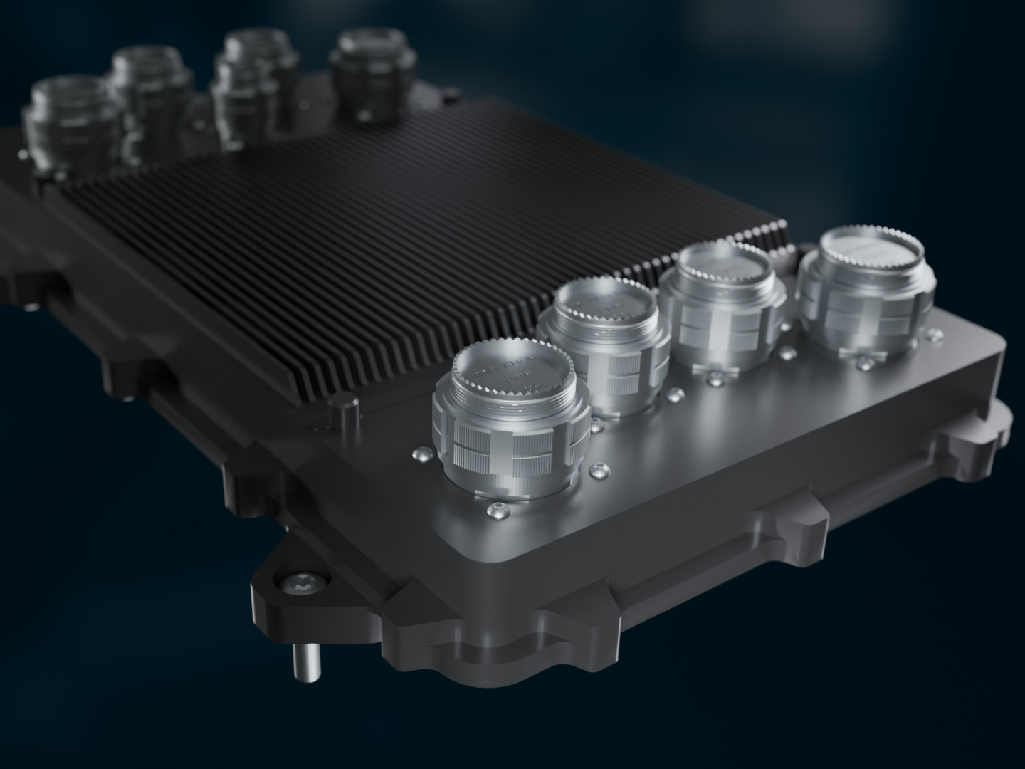 Detail eines FADEC-Triebwerksreglers von Silver Atena mit Luftfahrt-Steckverbindern im robusten Gehäuse.