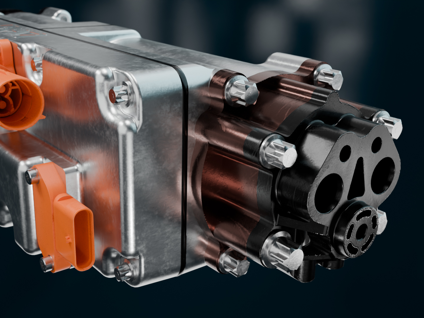 Detail einer Motor-Pumpen-Einheit von Silver Atena für aktive Fahrwerksysteme.