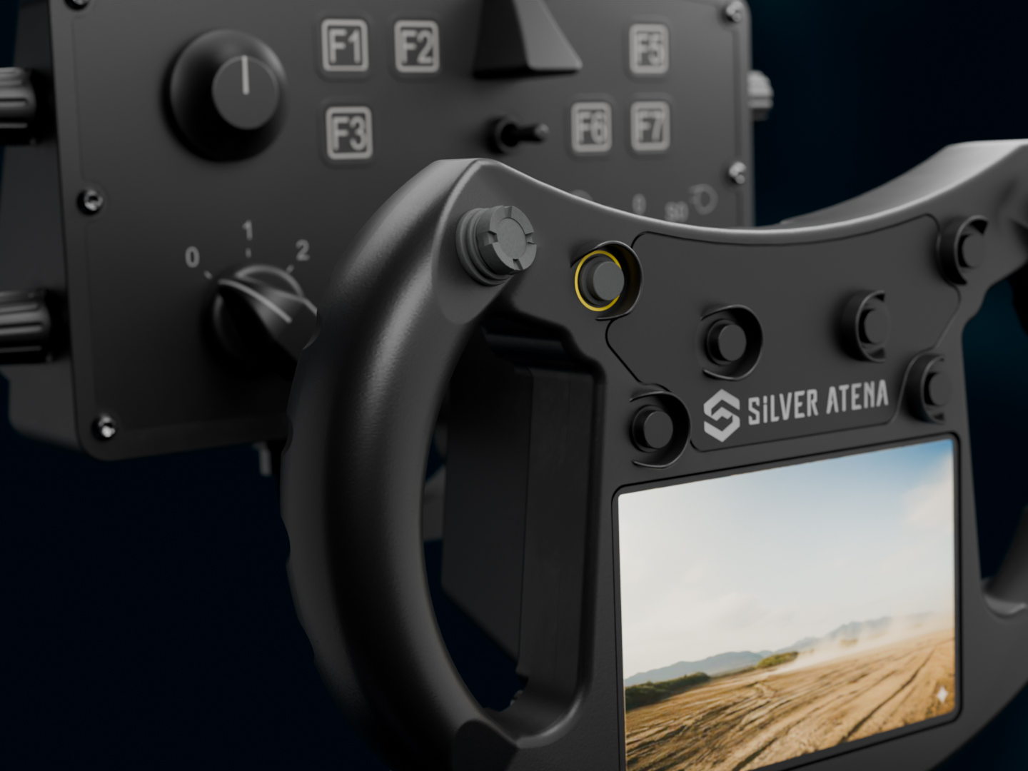 Detail einer Defence-Bedieneinheit mit Display, Bedienelementen und ergonomischem Griff.