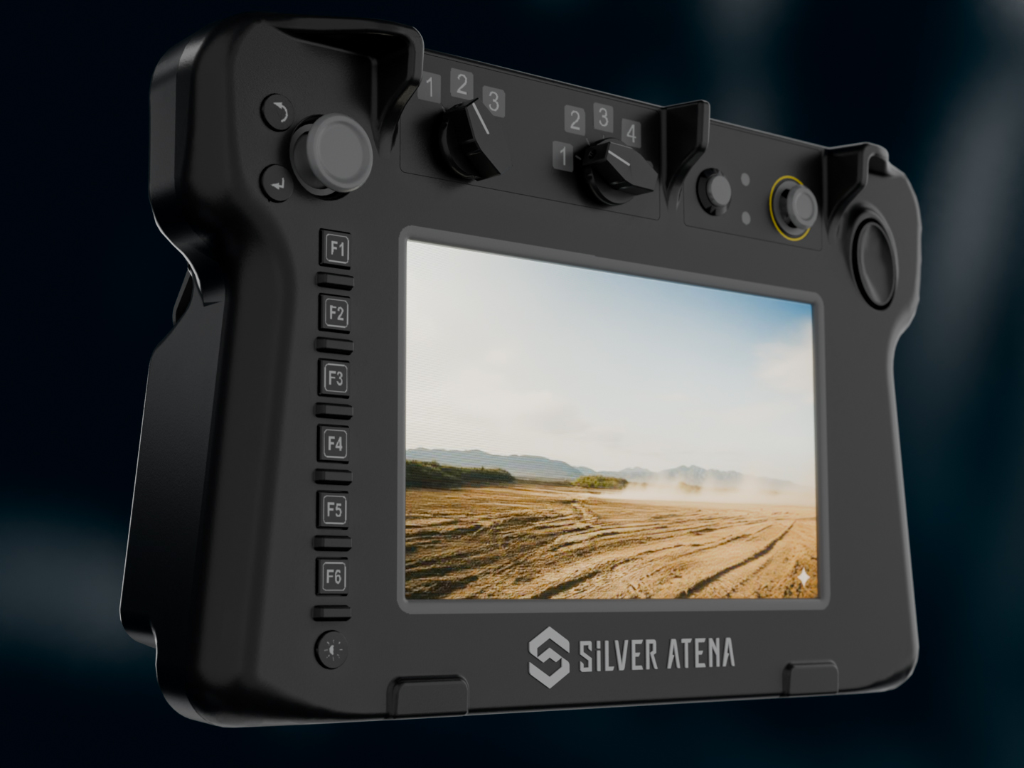 Detail eines mobilen Defence-Bediengeräts mit Display und integrierten Bedienelementen.